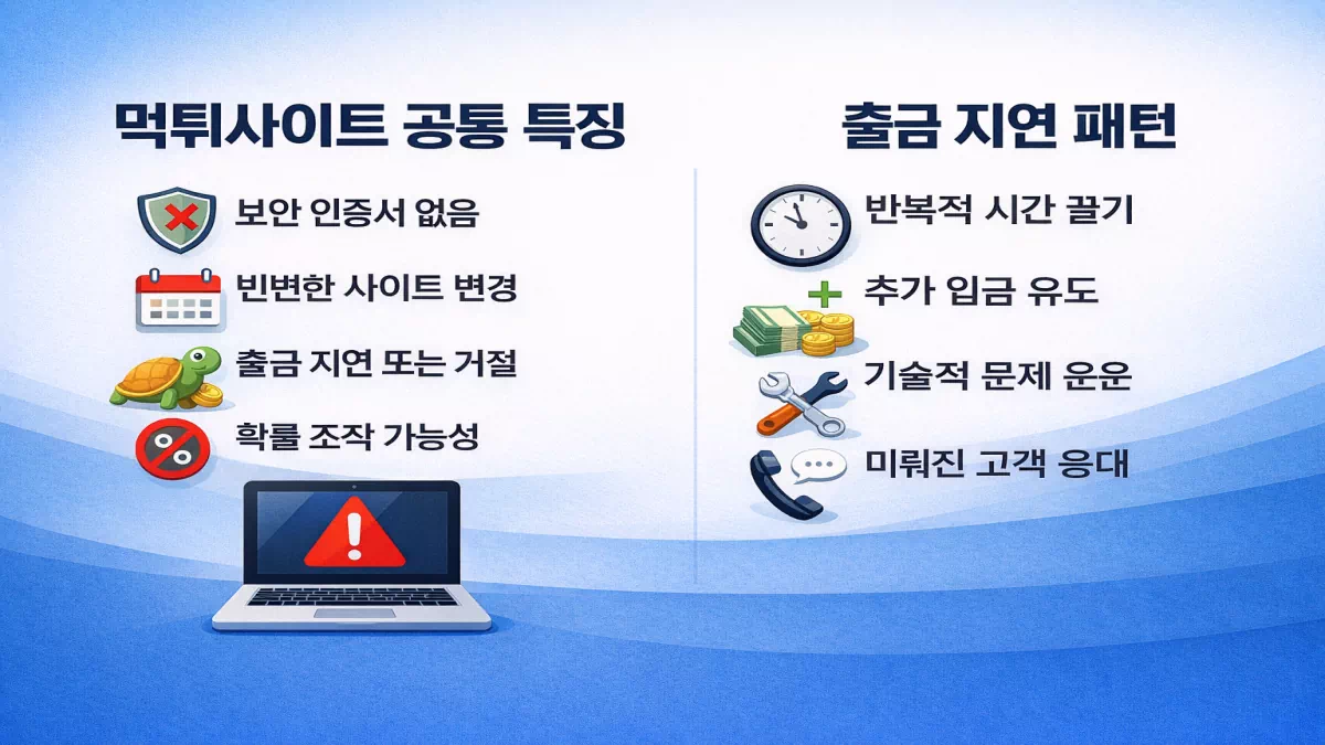 먹튀사이트 공통 특징과 출금 지연 패턴을 설명하는 먹튀검증 이미지